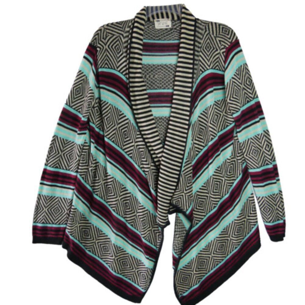 Say What? Women's Size L Multi-Color Open Knit Cardigan Geometric Pattern